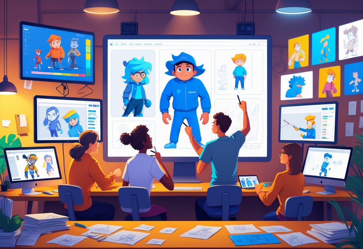 A team of animators working together around a large screen showing an animated character, with various animation stages visible on monitors and tools like tablets and storyboards on the desk.