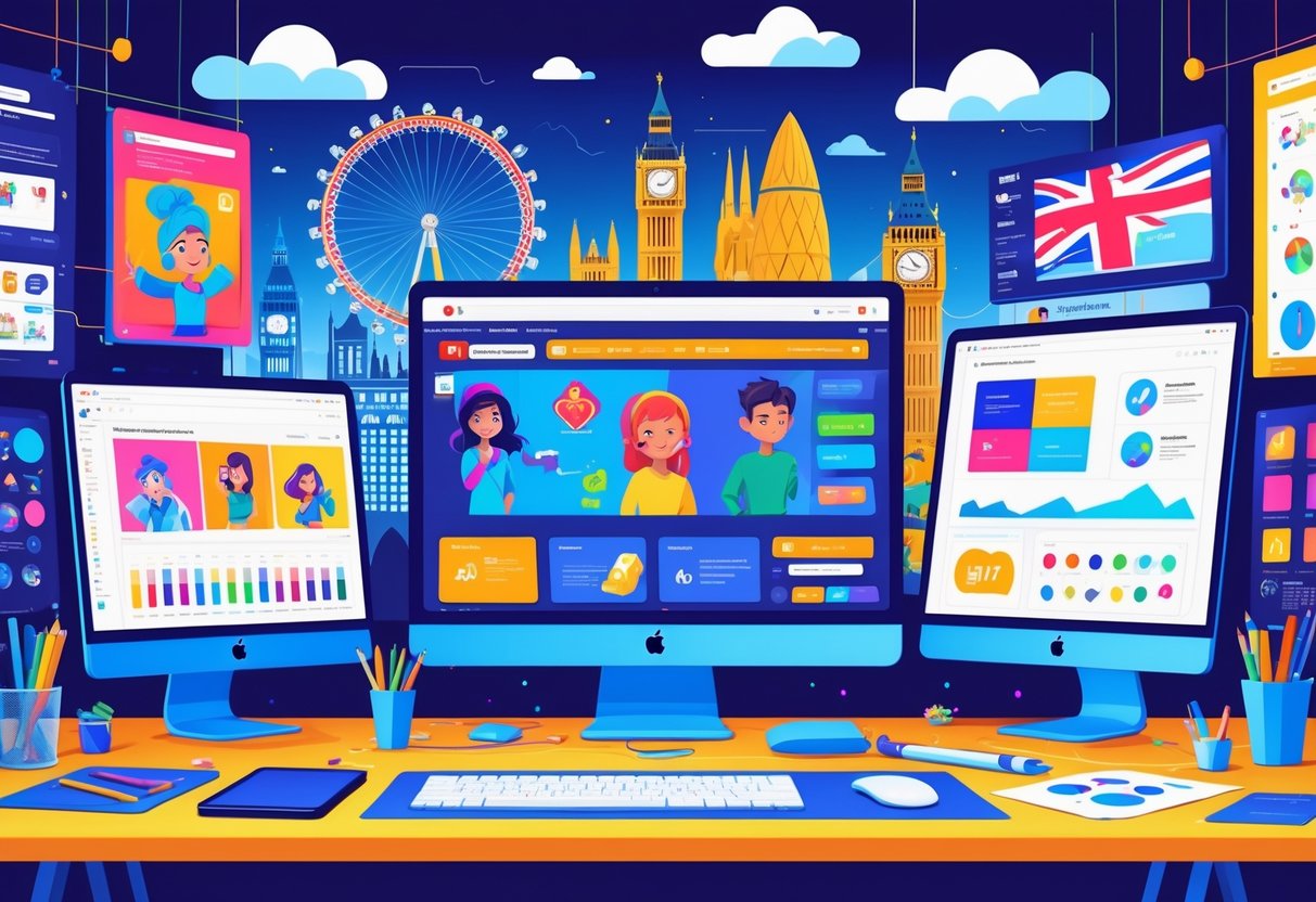 A digital workspace with multiple screens showing animated characters and motion graphics, with UK landmarks in the background and creative design tools around.