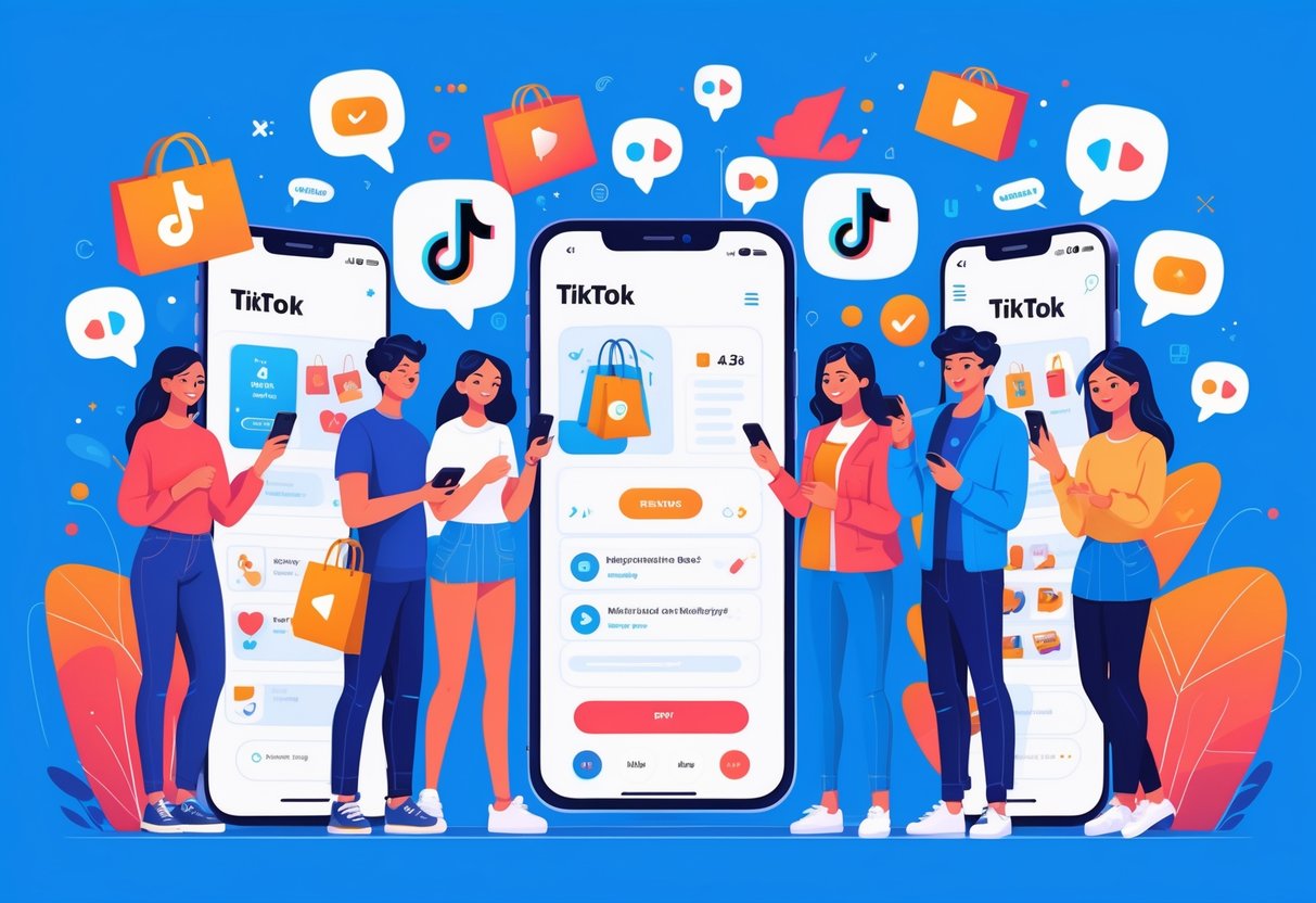 A group of people using smartphones with animated shopping icons and UK landmarks in the background, representing TikTok marketing and online shopping.
