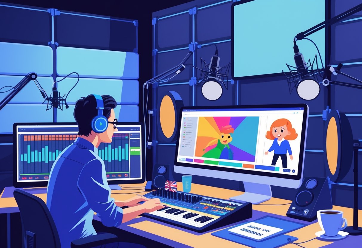 A studio scene showing a sound engineer using audio equipment and an animator working on a computer with animated characters, surrounded by microphones and studio gear.