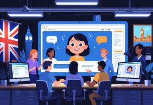 A group of people working together in an animation studio with a large screen showing an animated character and caption boxes below, with British cultural elements in the background.