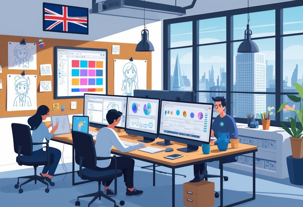 A creative animation studio with professionals working on computers and tablets, producing animated content with a view of London outside the window.