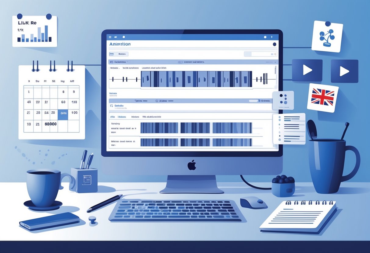 A workspace with a computer showing animation frames and subtitle tracks, surrounded by tools for editing subtitles and UK-related elements.