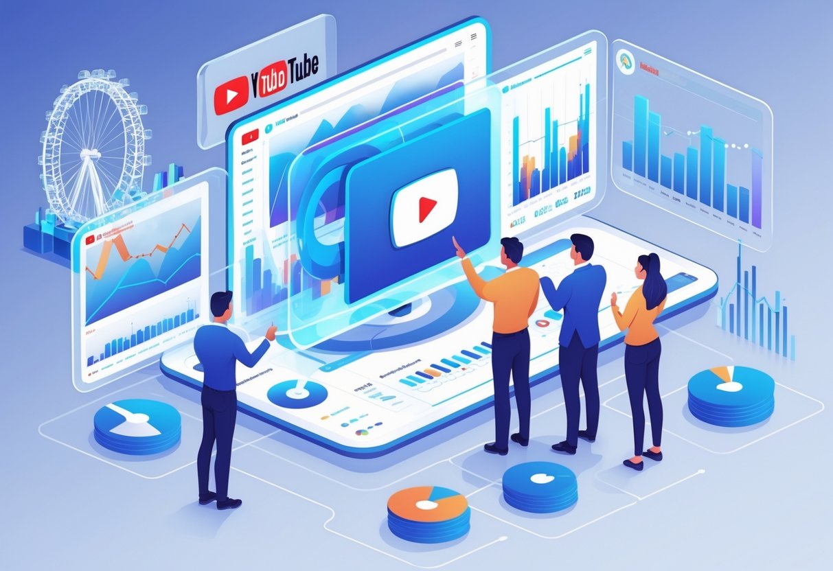 A team of professionals analysing digital charts and maps showing video advertising performance across the UK.
