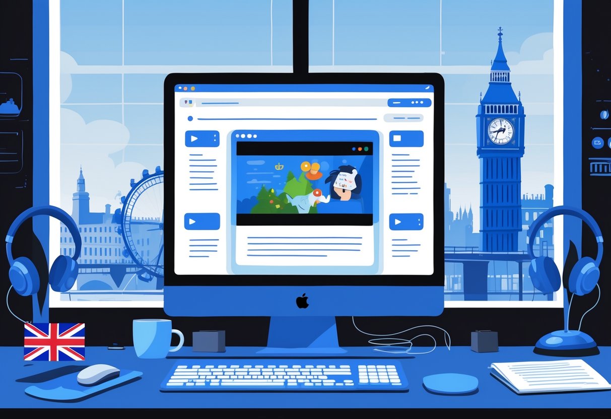 A digital workspace showing an animated video on a computer screen with subtitles displayed, set against a background featuring UK landmarks.