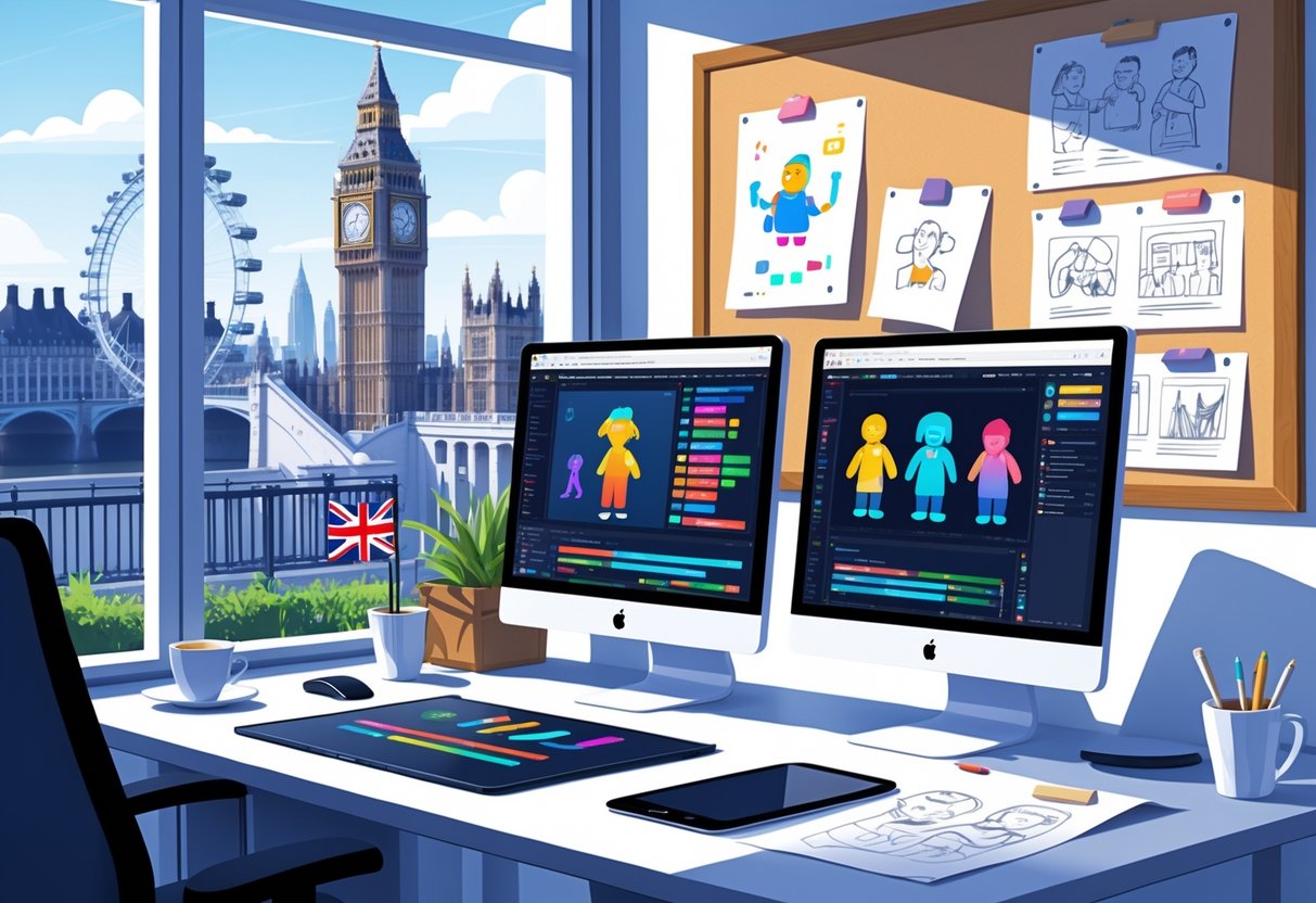 A modern office workspace with computer screens showing animation software, drawing tools, storyboards, and a window view of London landmarks.
