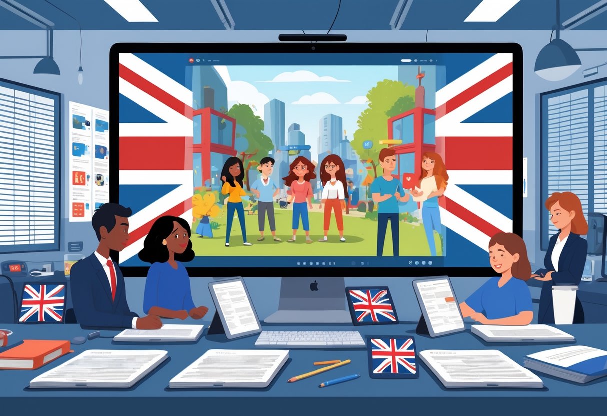 A team of professionals in an animation studio working together on subtitles for an animated scene with British cultural elements in the background.