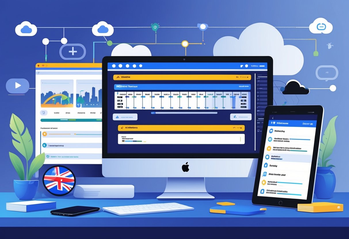 A workspace with a computer, tablet, and smartphone showing subtitle editing and sharing tools for animation, with subtle UK-themed elements in the background.