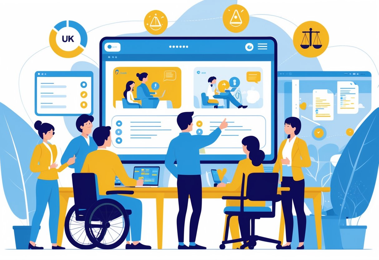 A group of professionals collaborating in an office around a digital screen showing an animated video with subtitles and legal compliance icons.
