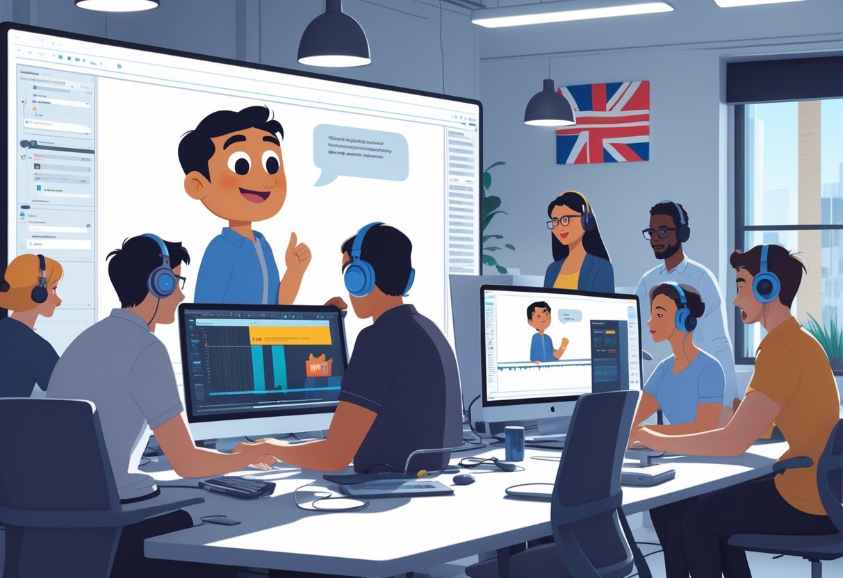 A team of animators working together in a studio with digital screens showing an animated character and subtitle timing graphics, with UK-themed decor in the background.