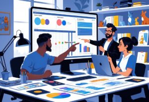 Two professionals collaborating at a desk with animation storyboards, budget sheets, and digital drawing tools in a bright office workspace.