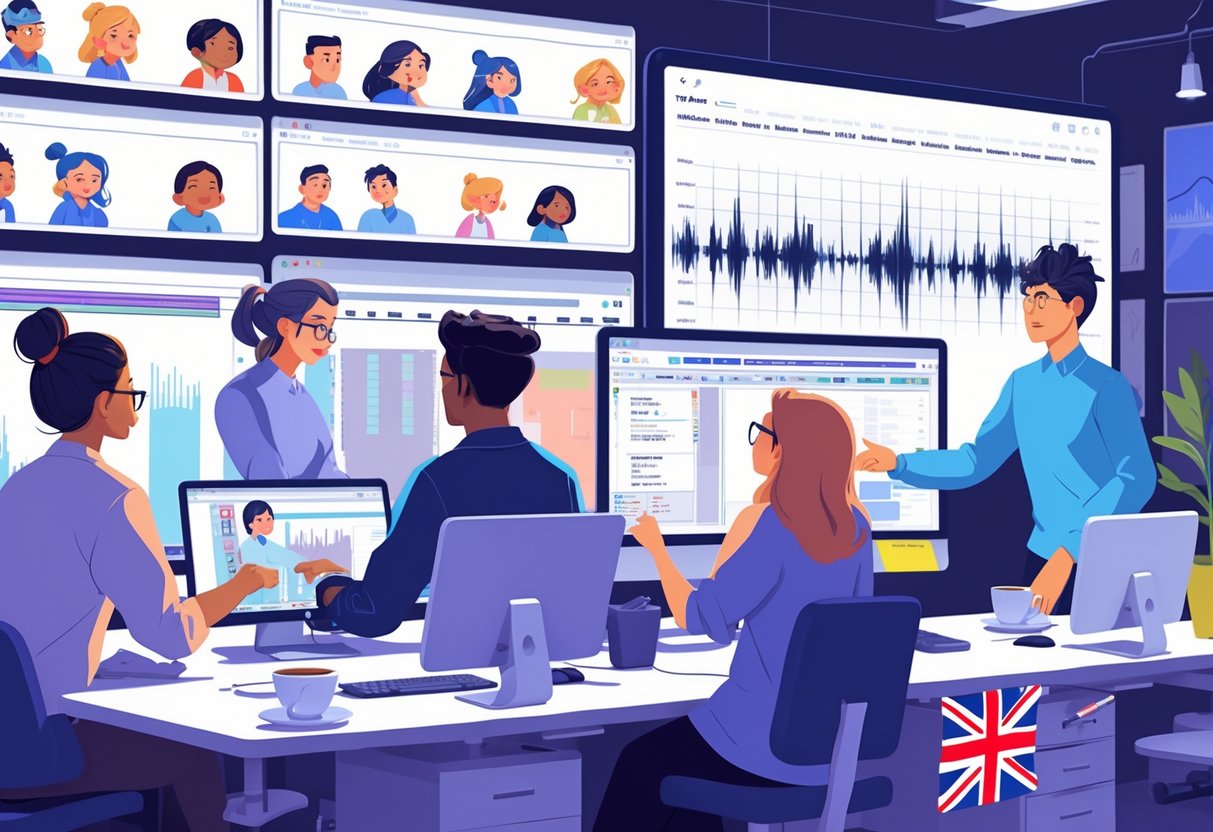 A team of professionals working together in an animation studio, reviewing animated characters and audio waveforms while creating subtitles and captions.