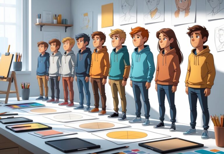 A series of character sketches showing the same character with different proportions, colours, and details, displayed on a workspace with animation tools.