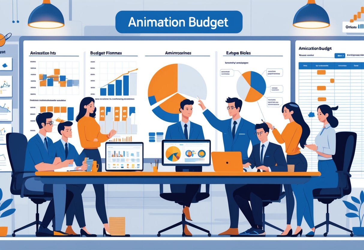 A group of creative professionals working together around a desk with charts and a tablet, planning an animation budget in an office.