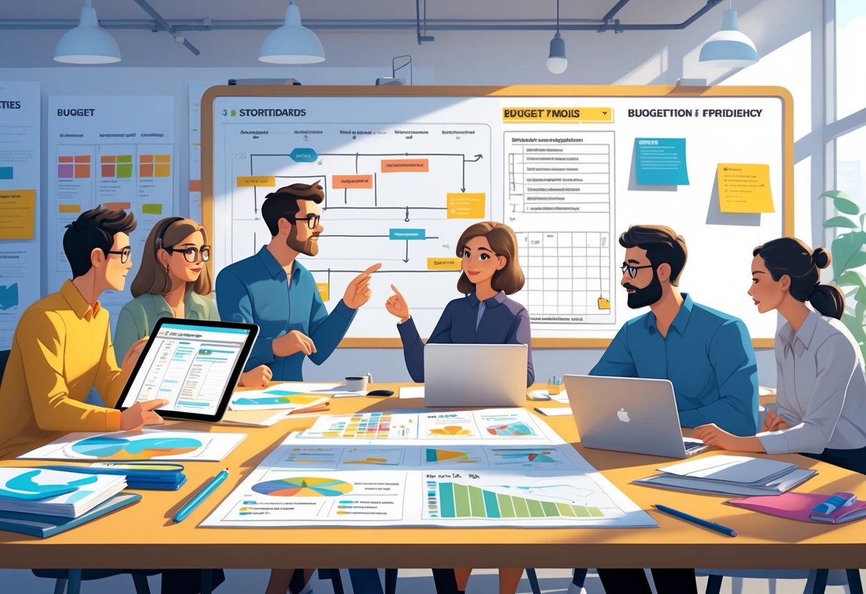 A team of creative professionals working together around a table with storyboards, laptops, and charts, planning the pre-production phase of an animation project.
