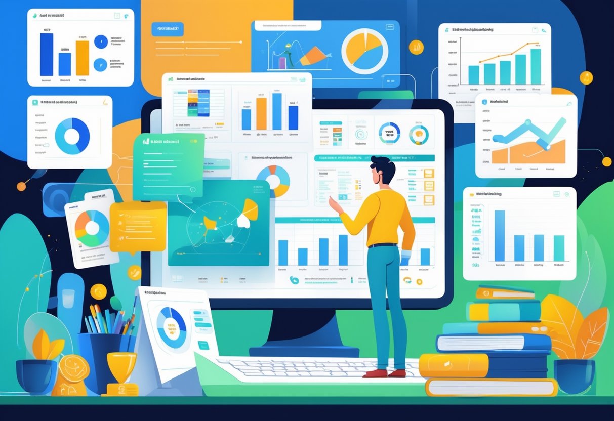 A person reviewing an animation budget plan surrounded by animation sketches and digital tools in an organised workspace.