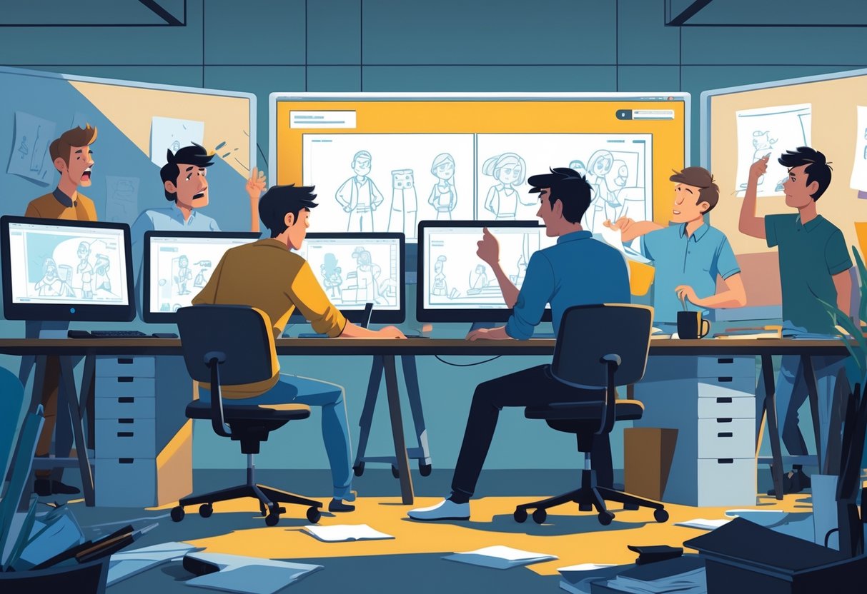 A team of animators in a studio where one person works alone ignoring colleagues who are trying to give feedback on animation work.