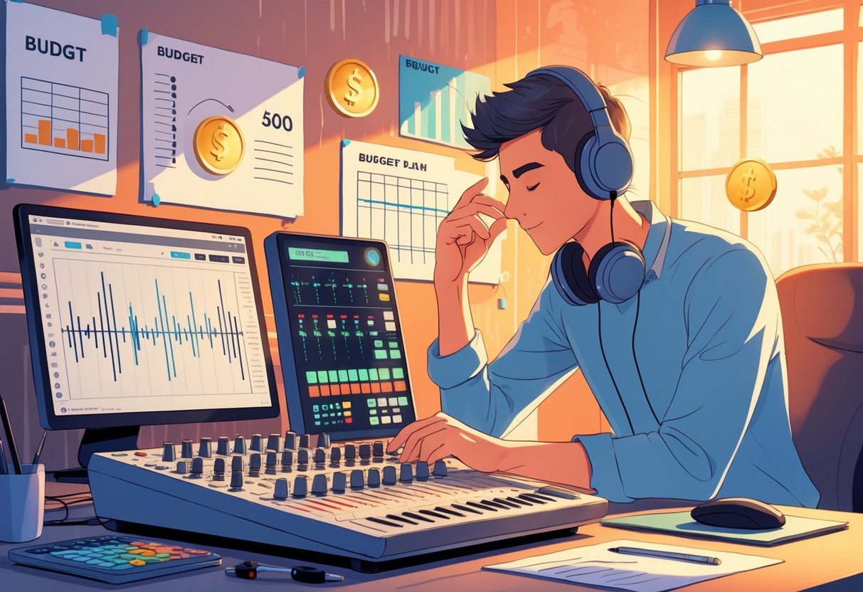 A person working at a sound mixing console with a computer and budget charts nearby, focusing on managing audio and sound design within budget.