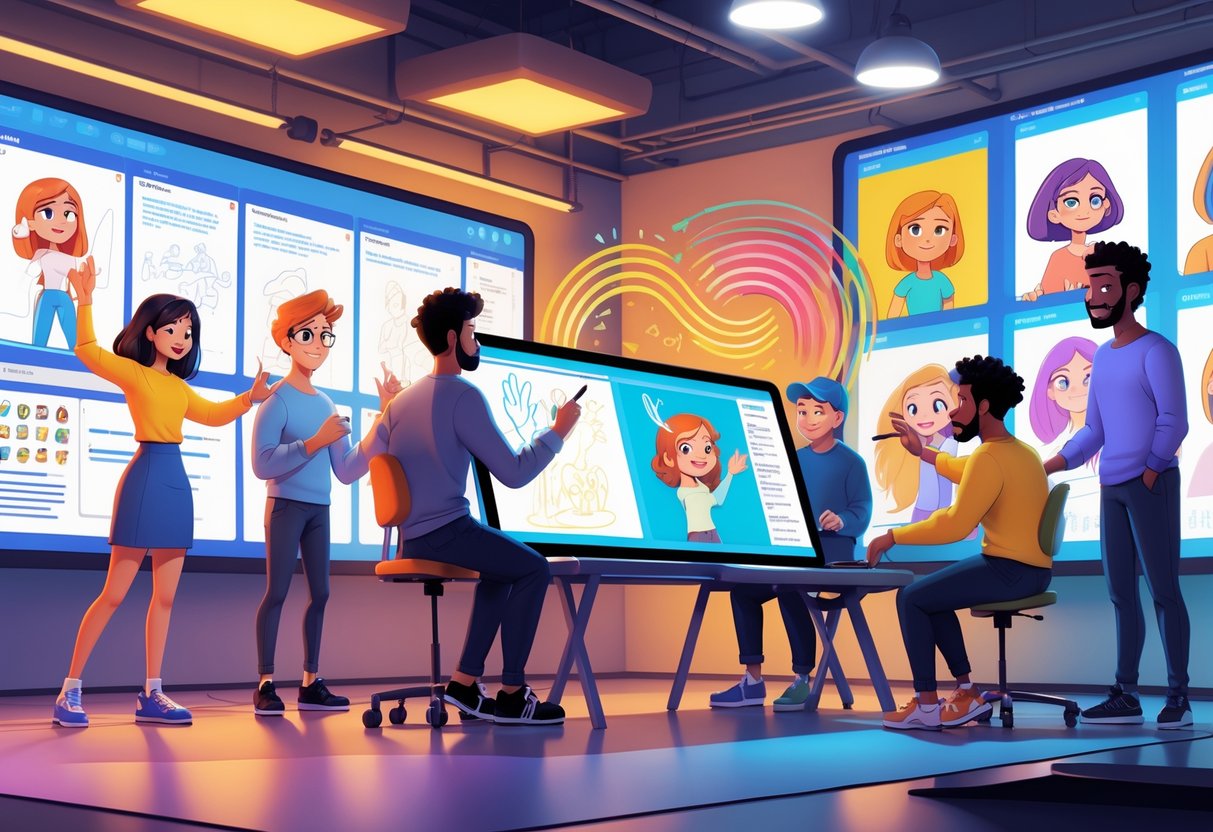 A group of animators working together on character animations showing sign language and expressive motions in a creative studio.