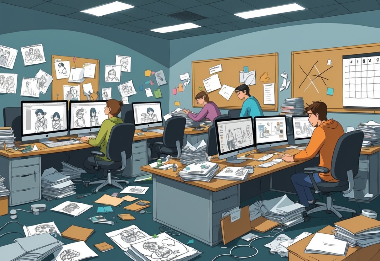 A cluttered animation studio with disorganised files and stressed team members struggling to manage assets and projects.