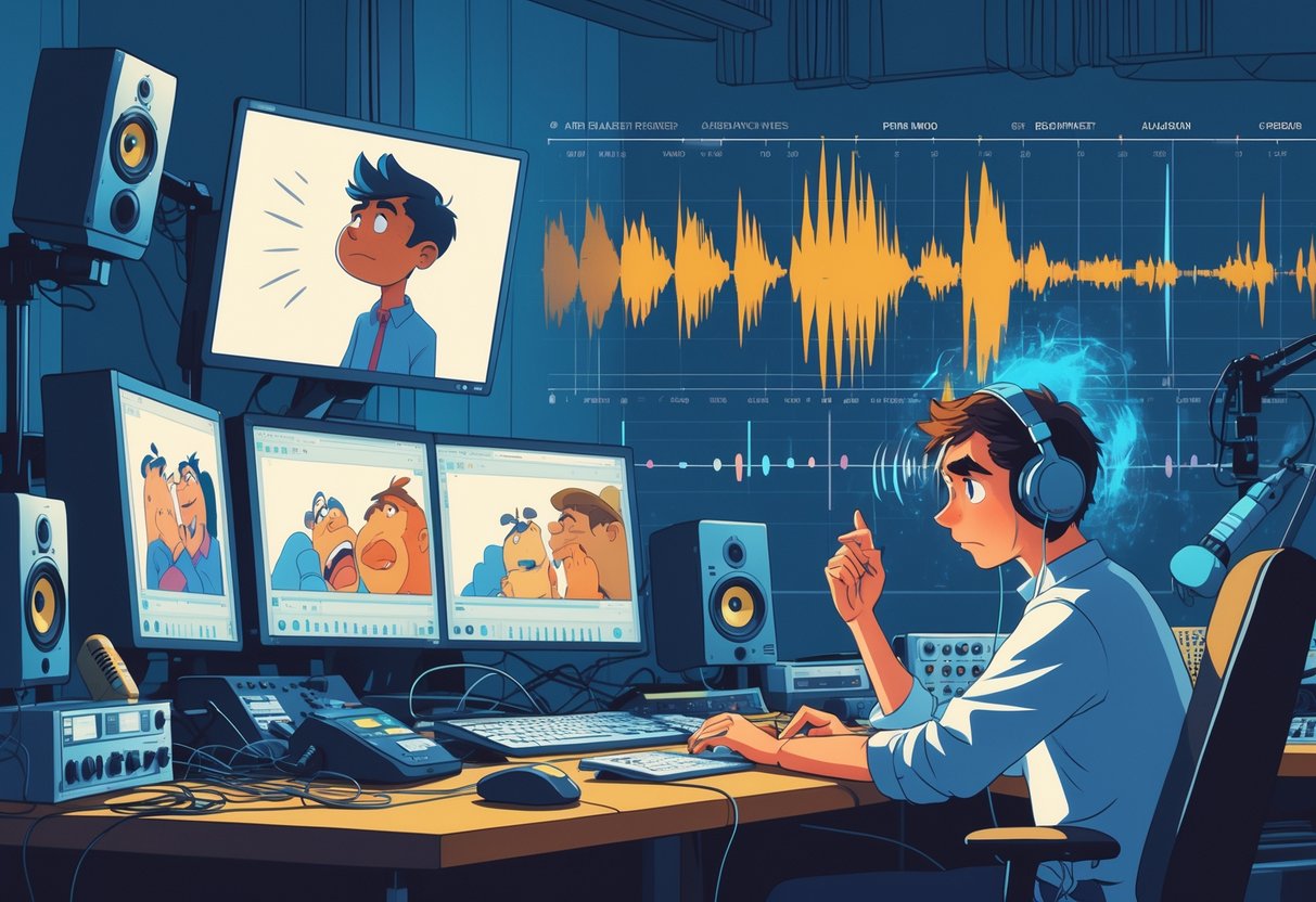 An animation studio scene showing an animator and sound engineer struggling with mismatched audio and animation synchronization on their screens.