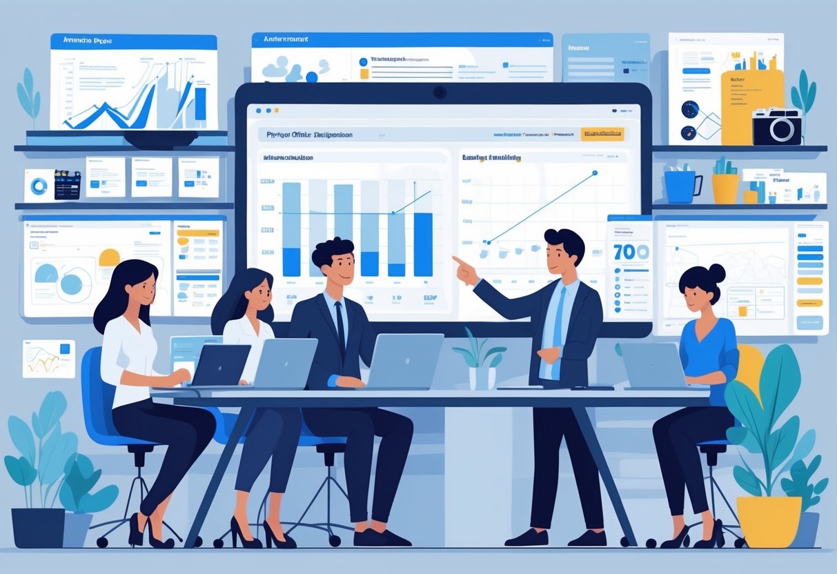 A team of professionals working together around a table with laptops and charts, planning an animation project and managing its budget.