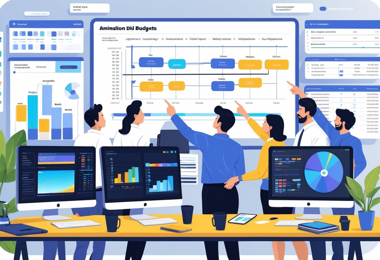 A team working together at a desk with computer screens showing video editing and charts, planning multiple video projects and budgets.