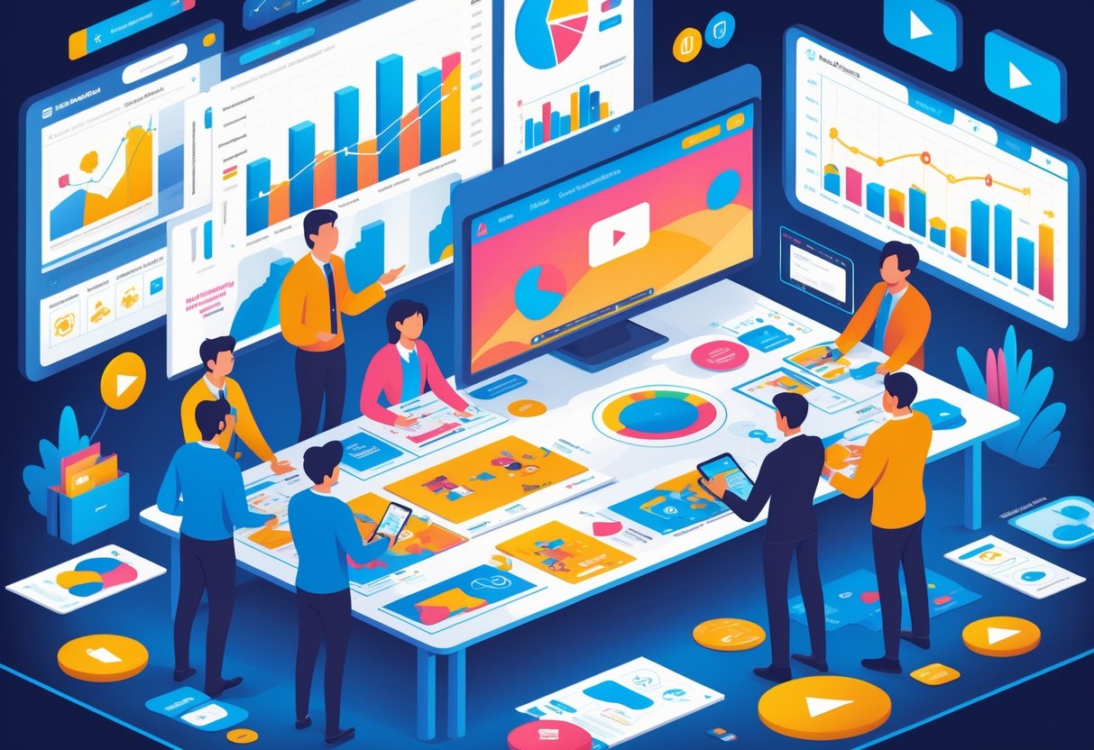 A team of people working together at a table with animation sketches, marketing materials, and screens showing animation and charts, planning the final stages of an animation project.