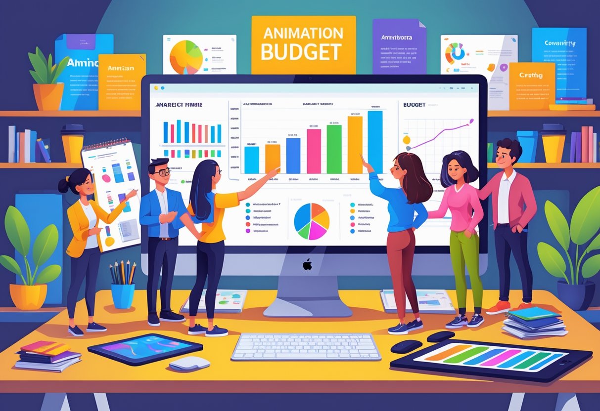 A team of people working together at a desk with animation tools and a computer showing animation and budget charts.
