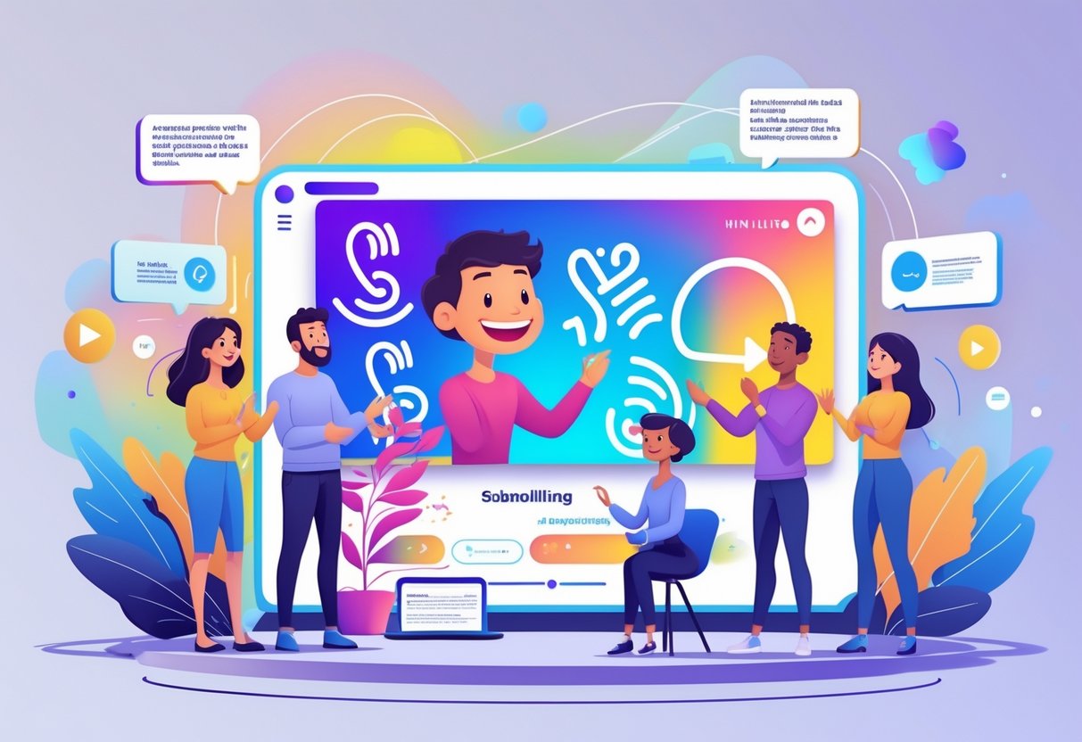 A group of diverse people watching an animated screen showing sign language symbols and expressive facial animations, with visual sound waves and caption devices around them.