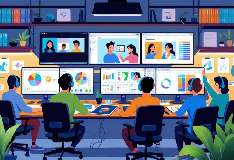 A workspace with multiple monitors showing animation software and video calls, digital drawing tablets, and a team working remotely on animation projects.