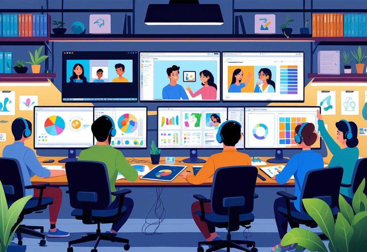 A workspace with multiple monitors showing animation software and video calls, digital drawing tablets, and a team working remotely on animation projects.