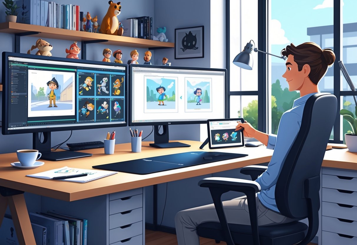 A home office setup with multiple monitors showing animation work, a digital drawing tablet, and creative tools on a desk near a window.