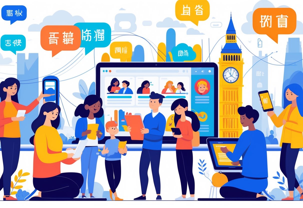 A diverse group of people in the UK watching animated content on digital devices in a modern urban setting with UK landmarks in the background.