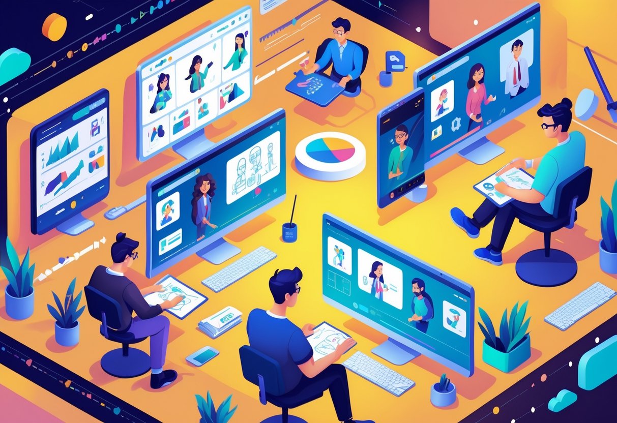 Several animation professionals working remotely from different locations, collaborating through video calls and digital tools.