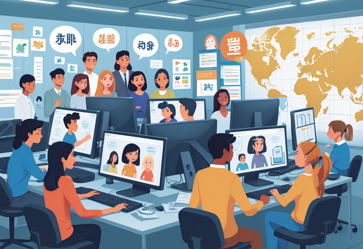 A team of diverse professionals working together in a studio with computers showing animated characters speaking different languages, surrounded by symbols representing language diversity and cultural icons.