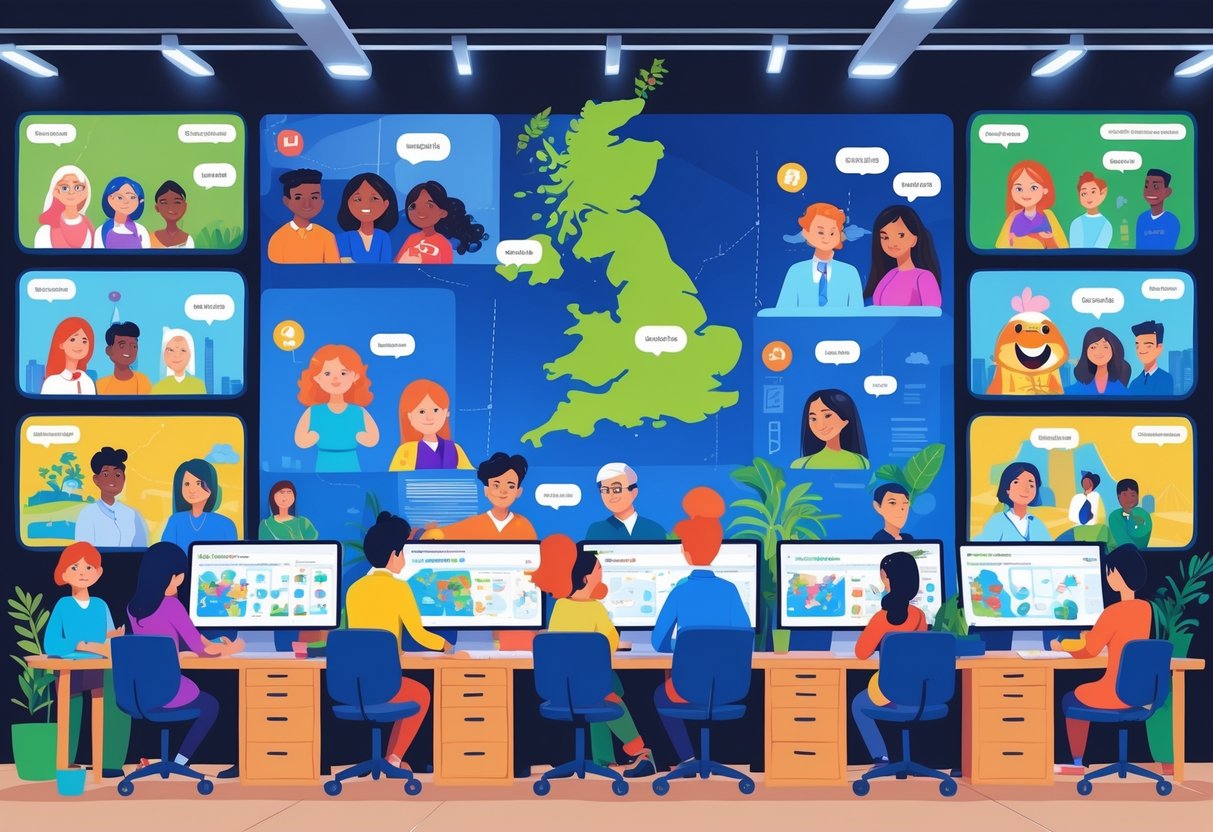 A group of diverse animated characters working together in an animation studio with screens showing cartoons in multiple languages and a UK map highlighting language diversity.