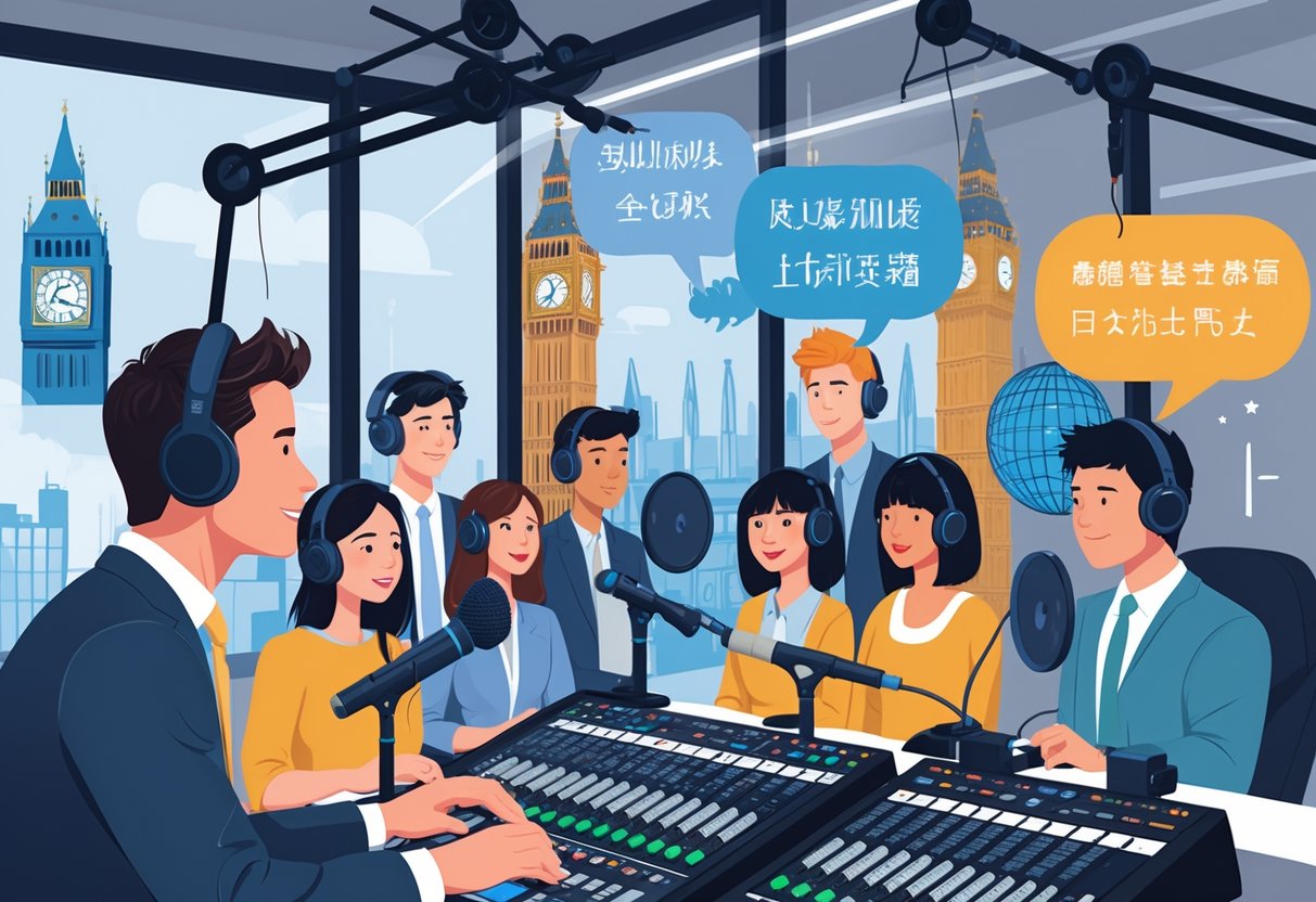 A group of diverse voice actors recording in a studio with a sound engineer adjusting audio equipment, surrounded by symbols representing different languages and UK landmarks.