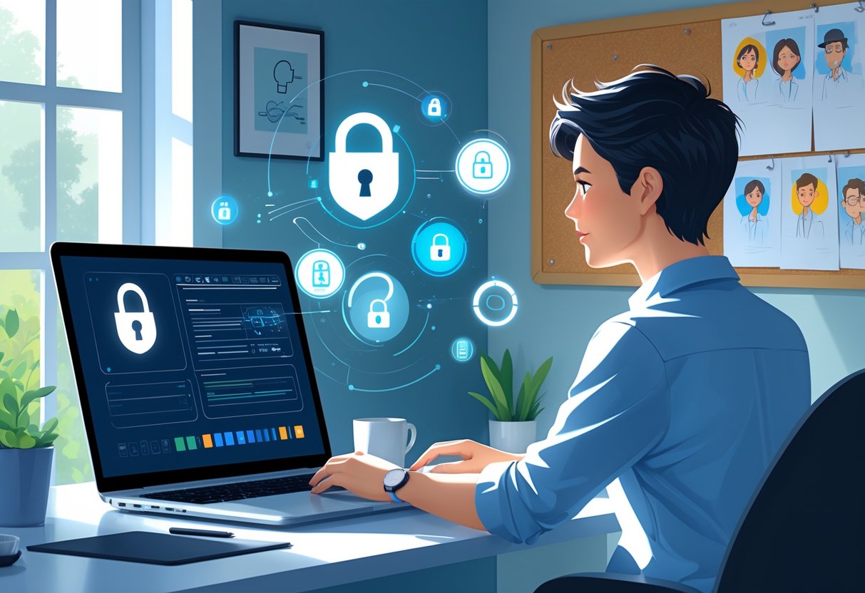 A person working on a laptop in a home office surrounded by icons representing data security and confidential documents, with animation sketches and tools visible nearby.