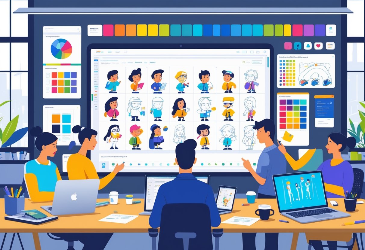 A team of designers working together in a bright office with screens showing animated characters and style guides.