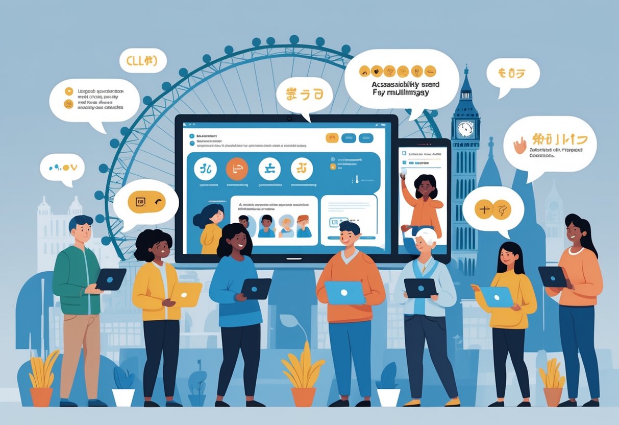 A diverse group of people using digital devices to watch animated content with symbols representing multiple languages, sign language, and closed captions, set against a background with UK landmarks.