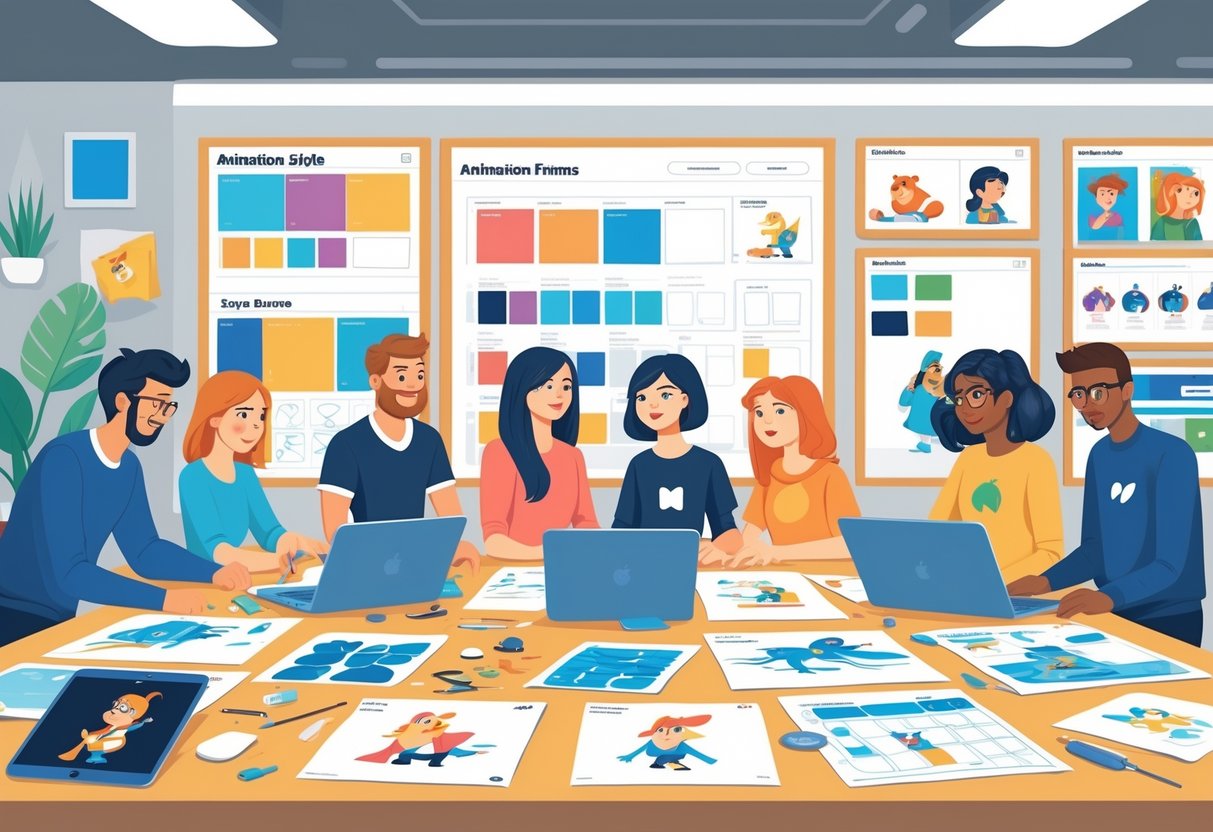 A team working together at a table covered with animation sketches and digital devices, surrounded by boards showing consistent character designs and colour schemes.