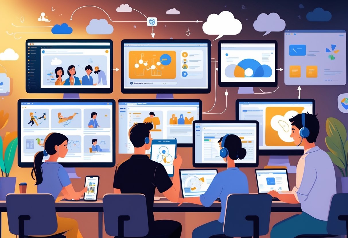 A team of animators and a project manager working together remotely on animation projects using computers and digital tablets, connected through video calls.