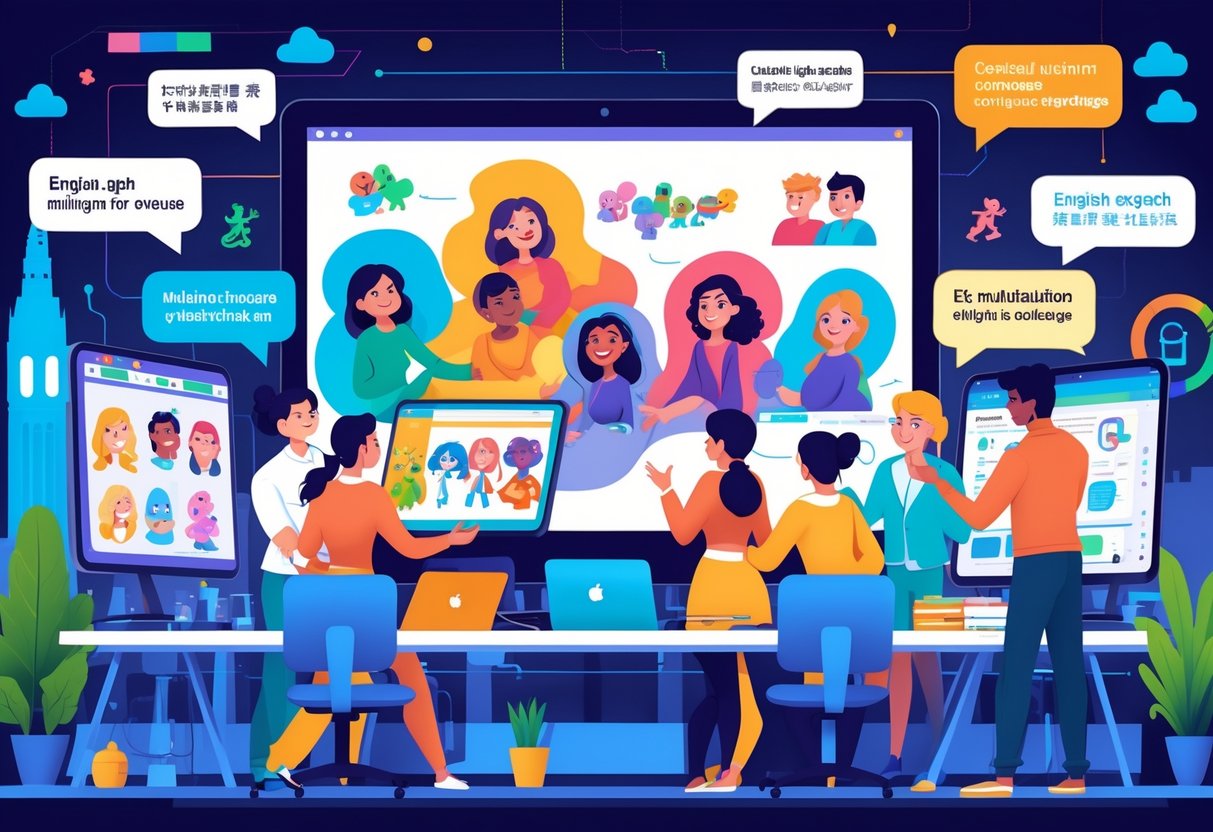 A team of animators working together at a digital workspace creating animated characters with speech bubbles in multiple UK languages, surrounded by technology and cultural elements.