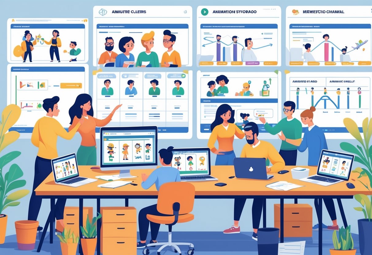 A team working together at a desk with screens showing animated characters for different marketing platforms.