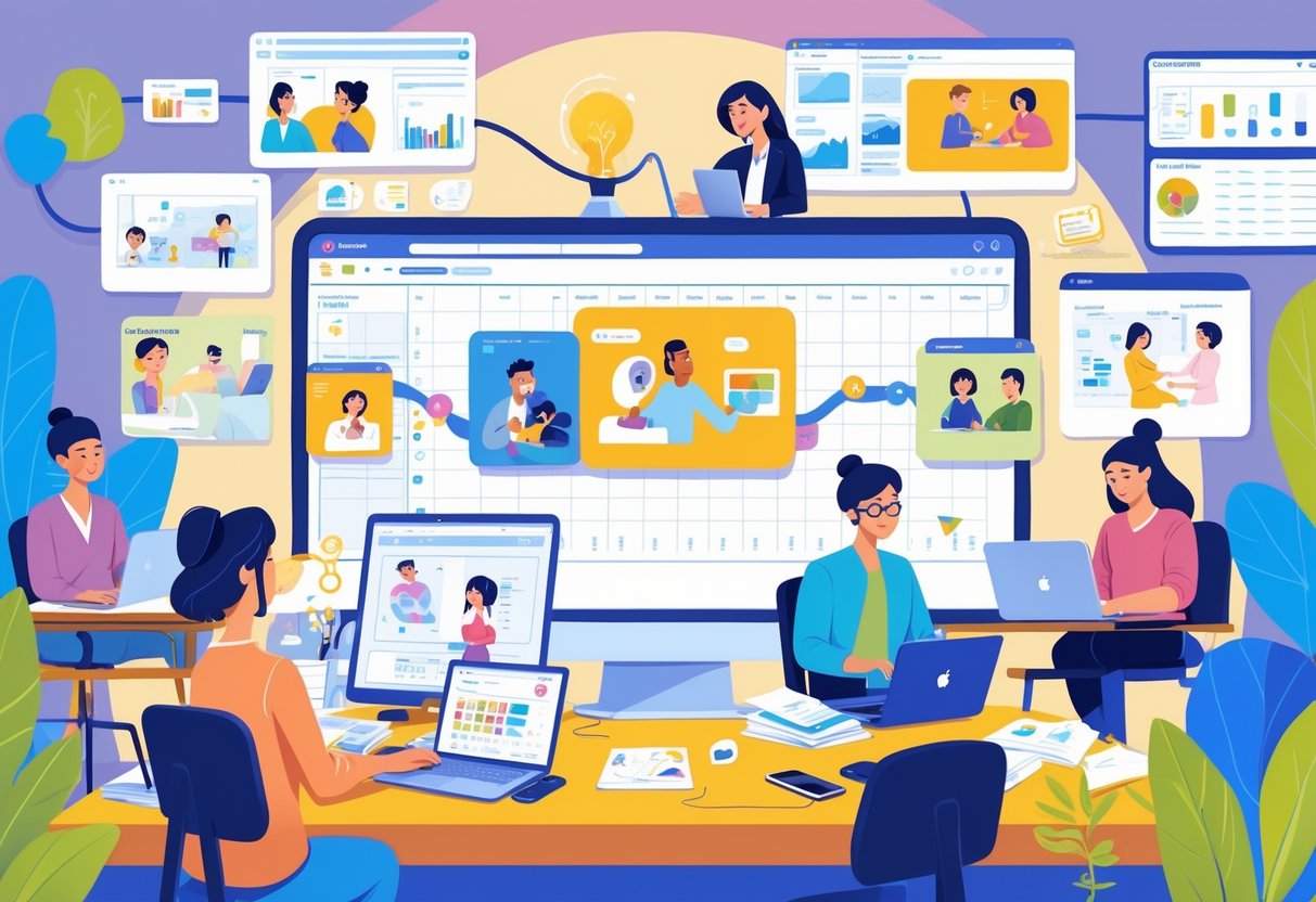 Several animation professionals working remotely from different locations, connected through digital devices and collaborating on animation projects.