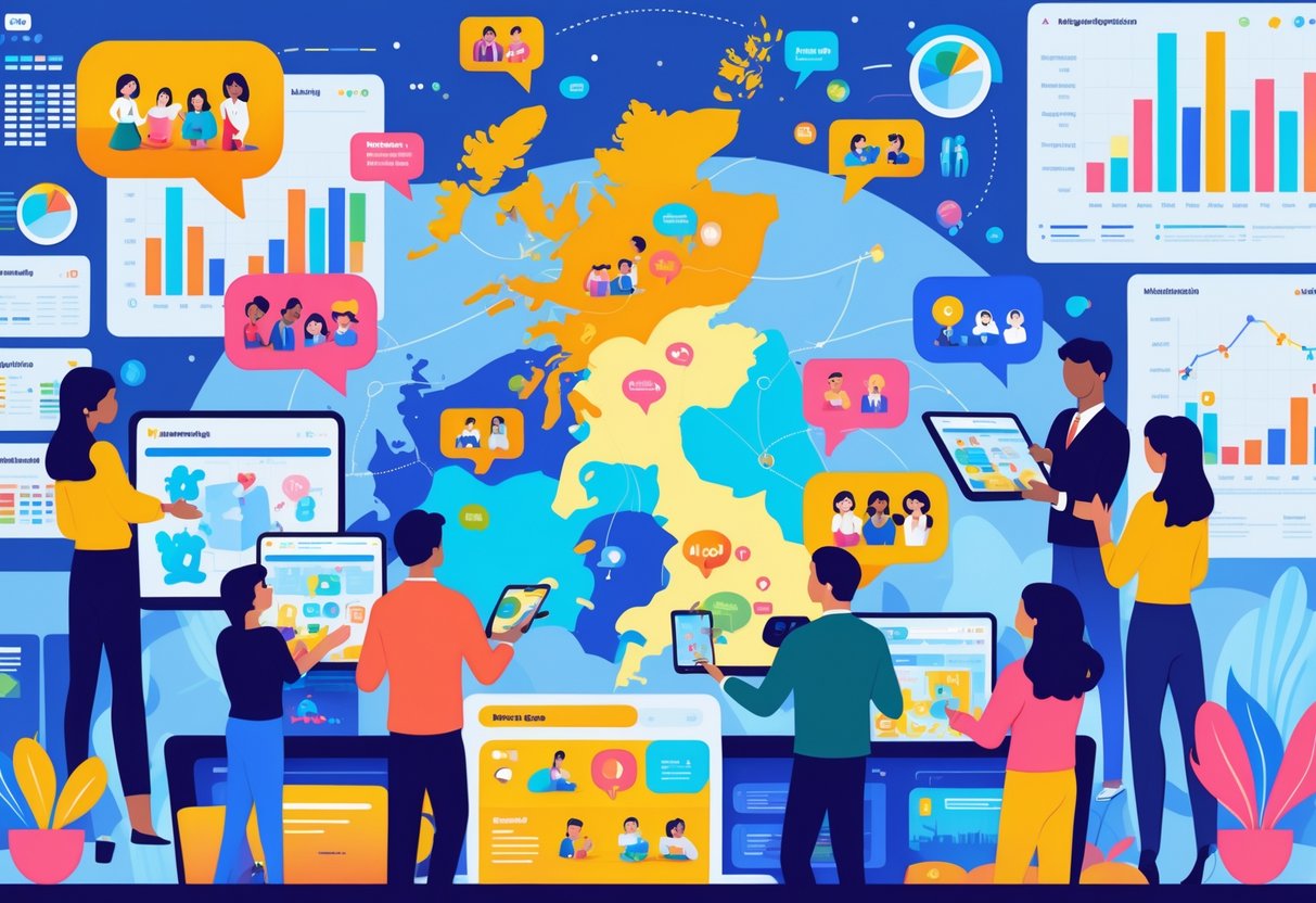 People collaborating around a digital map of the UK with animation icons and speech bubbles in various languages, in a modern office setting.