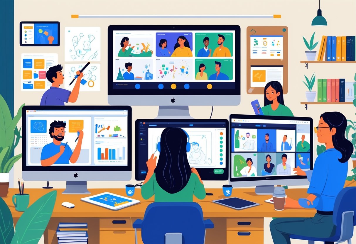 A group of animation professionals working remotely, collaborating through video calls and digital drawing tools in a home office setting.