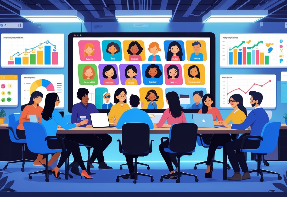 A diverse team working together in an office with animated characters and charts on screens, discussing multilingual animation projects.