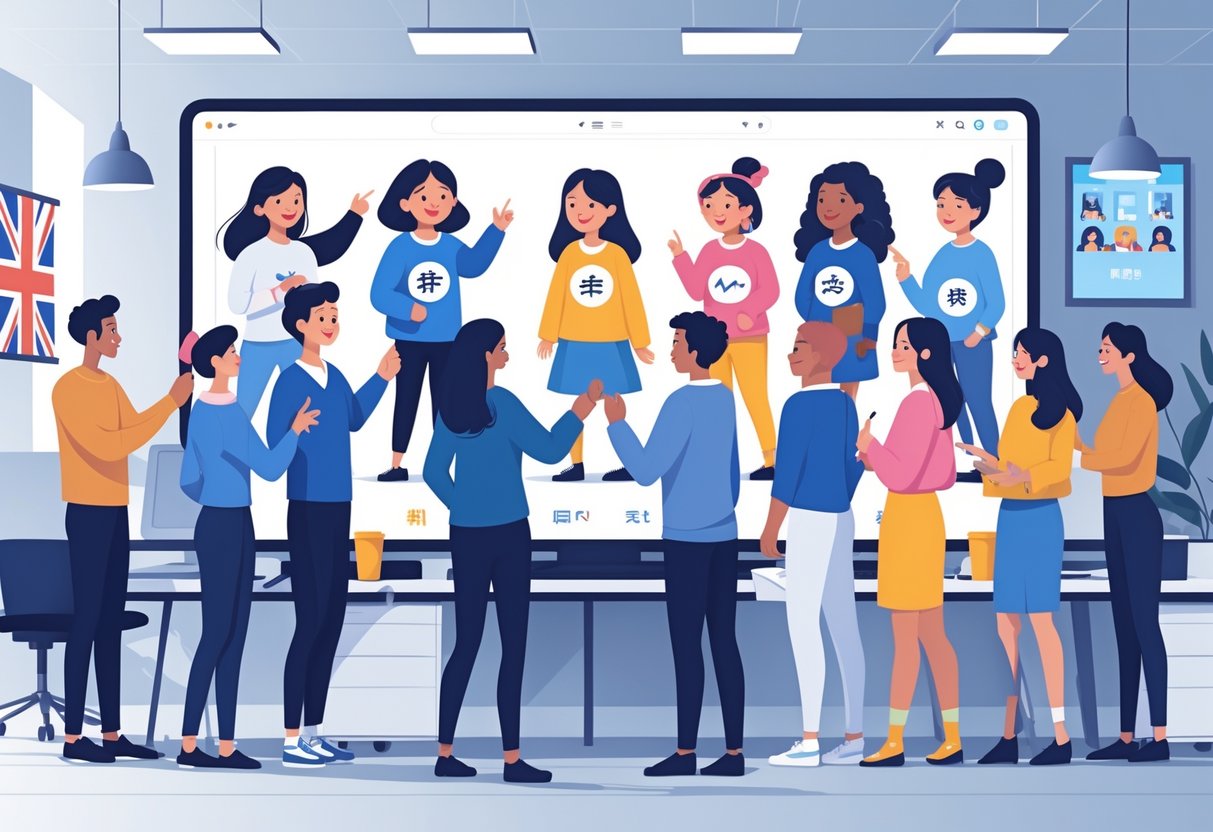A group of diverse people in an office looking at a screen showing animated characters representing different cultures and languages.